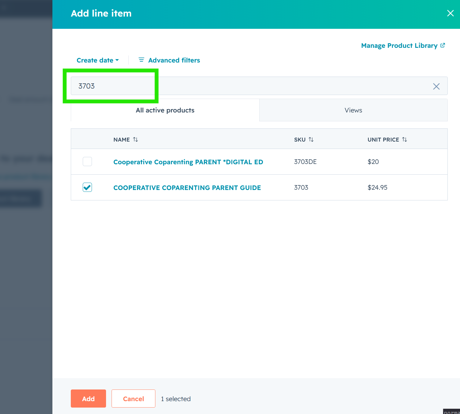 The product picker searched for 3703, showing both 3703 and the lookalike 3703DE, with the correct one ticked