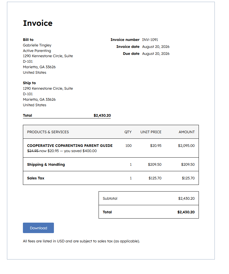The finished invoice showing the discounted price, the saving, shipping, sales tax and the total
