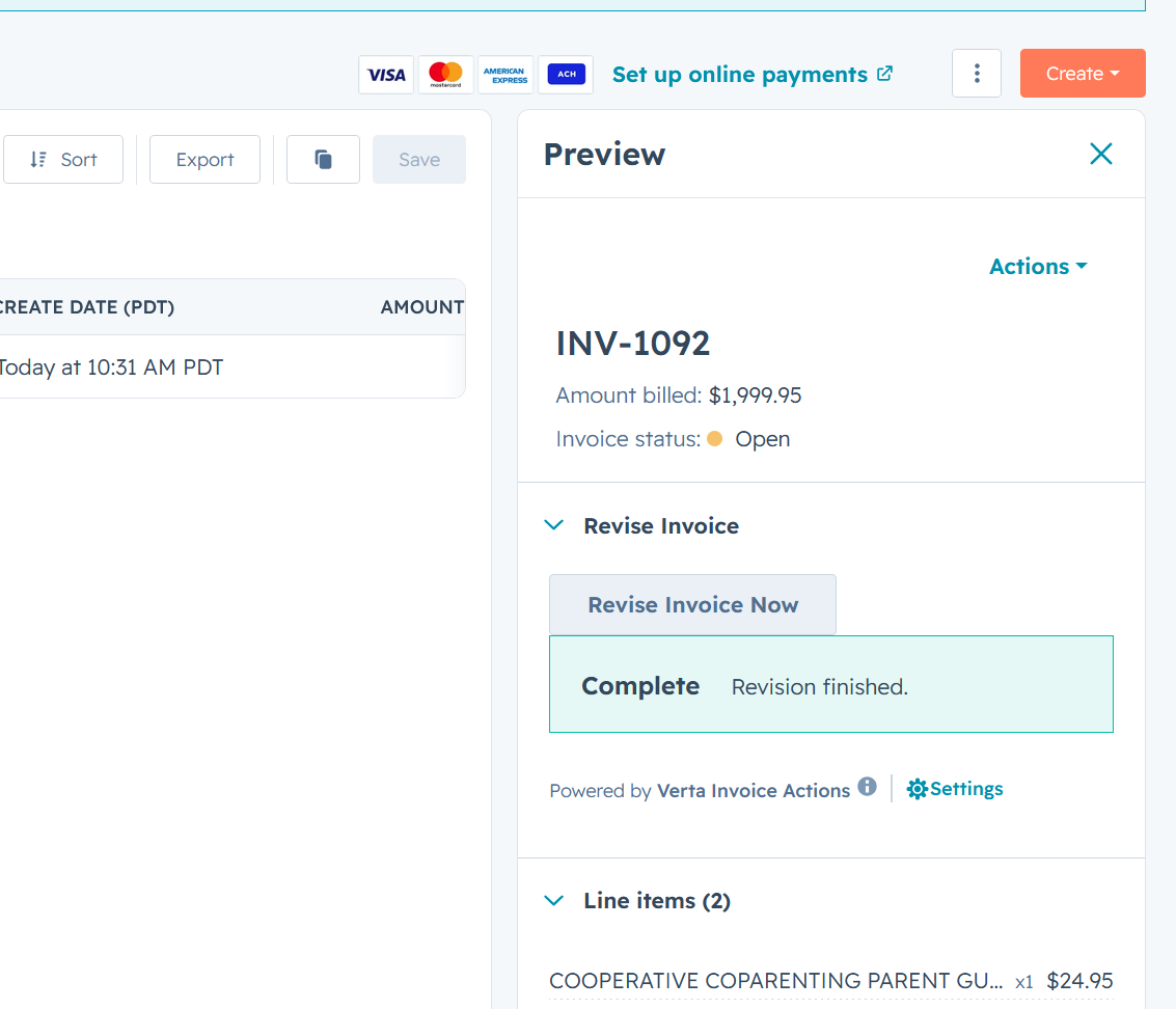 The Revise Invoice section showing Complete, revision finished