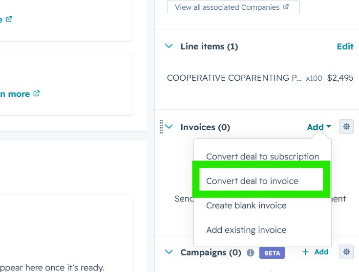 The Invoices card Add menu, showing Convert deal to invoice among the options