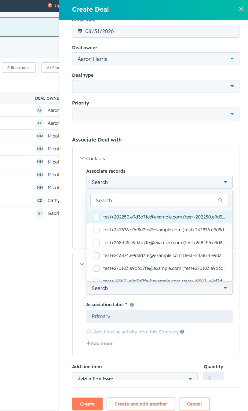 The Create Deal panel scrolled to the Associate Deal with section, showing the Contacts and Companies pickers