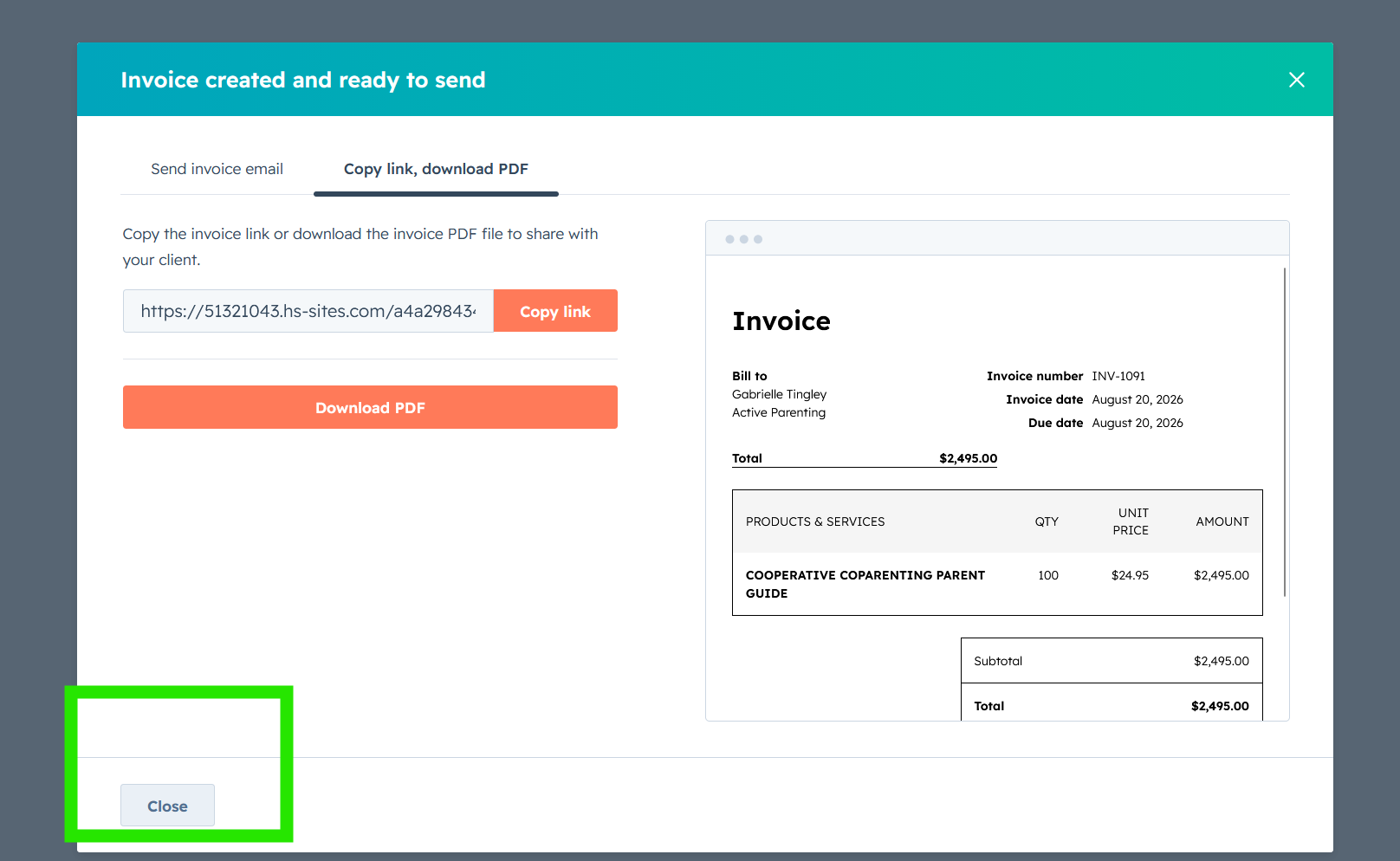 The Invoice created and ready to send panel, with the Close button