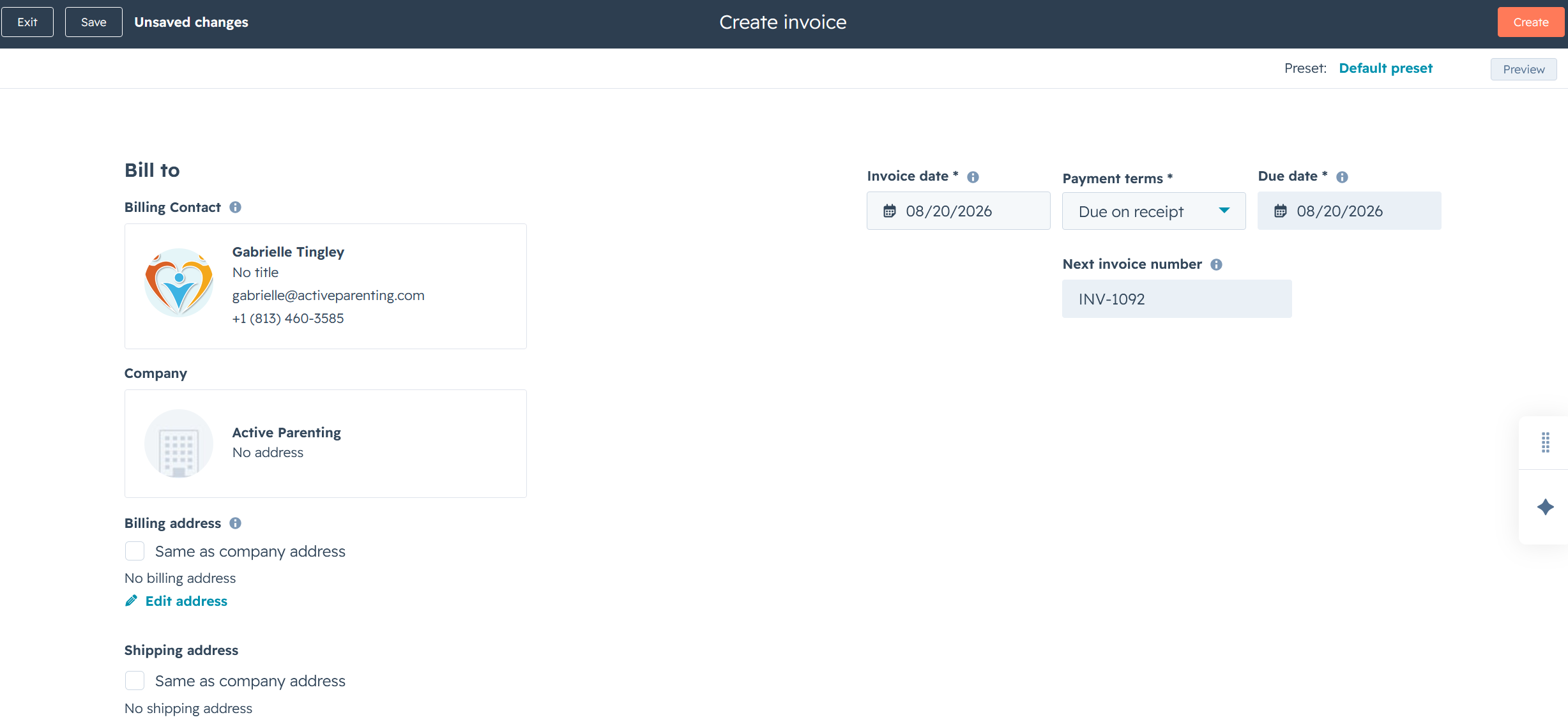 The Create invoice editor showing billing contact, company, payment terms and the next invoice number