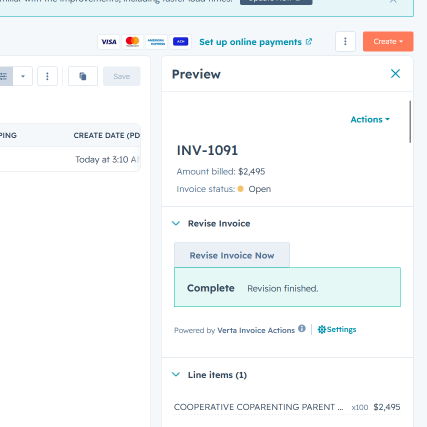 The Revise Invoice section showing Complete, revision finished