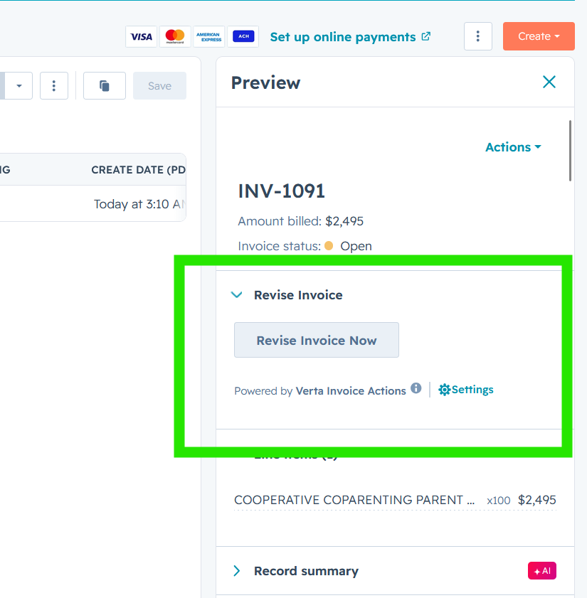 The Revise Invoice section of the invoice preview, with the Revise Invoice Now button