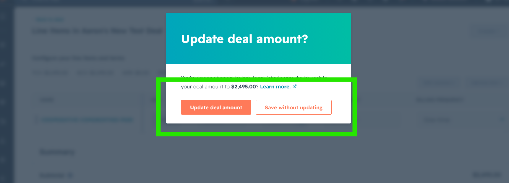 The Update deal amount prompt, with Update deal amount and Save without updating buttons