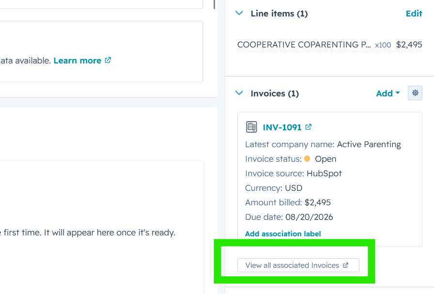 The Invoices card on the deal with the View all associated Invoices link