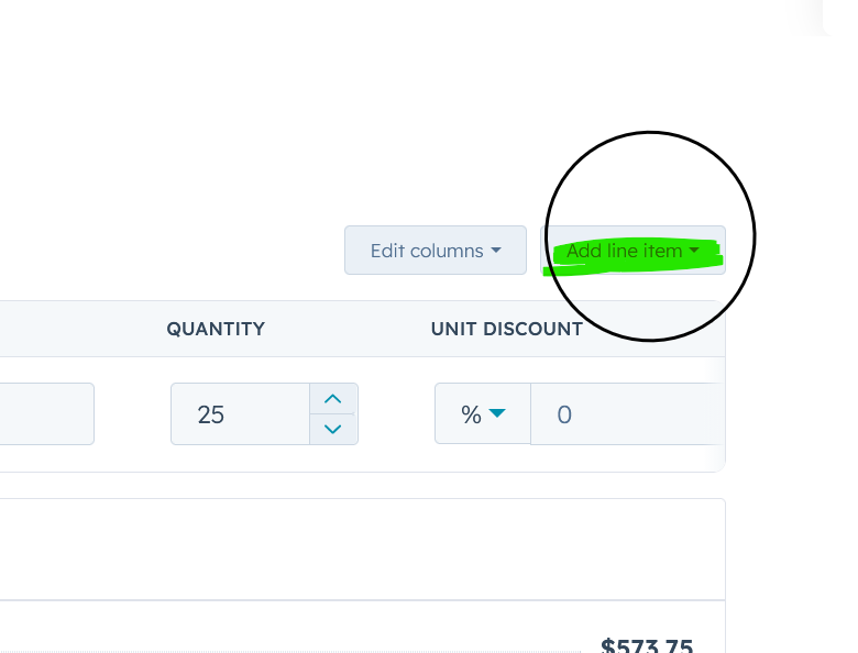 The line items table with the quantity now set to 25 and the small "Add line item" button highlighted in the top-right corner