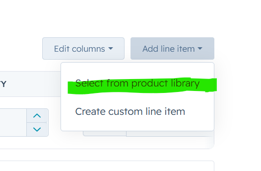 The "Add line item" dropdown with "Select from product library" highlighted