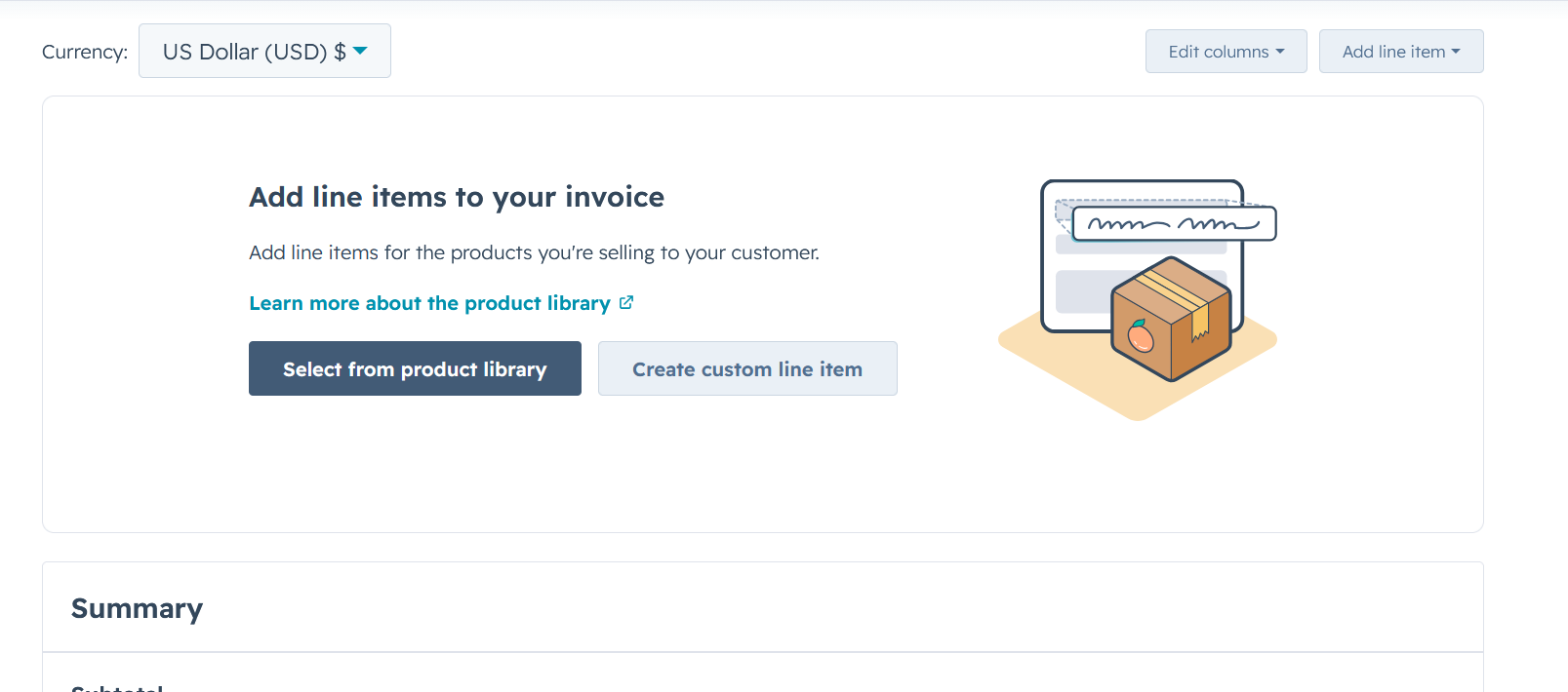 The Add line items panel with Select from product library and Create custom line item buttons