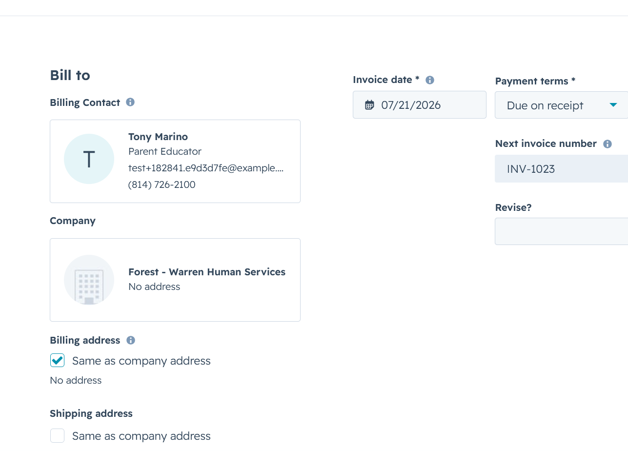 Invoice form with contact and company associated, showing the invoice date, payment terms, and next invoice number preview