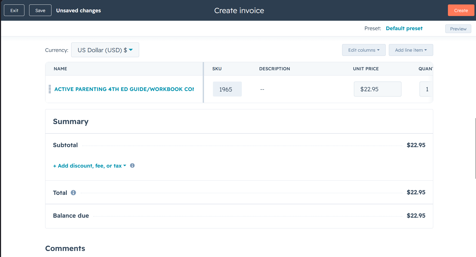 The invoice editor showing one unsaved line item at quantity 1, with the top bar reading "Unsaved changes"