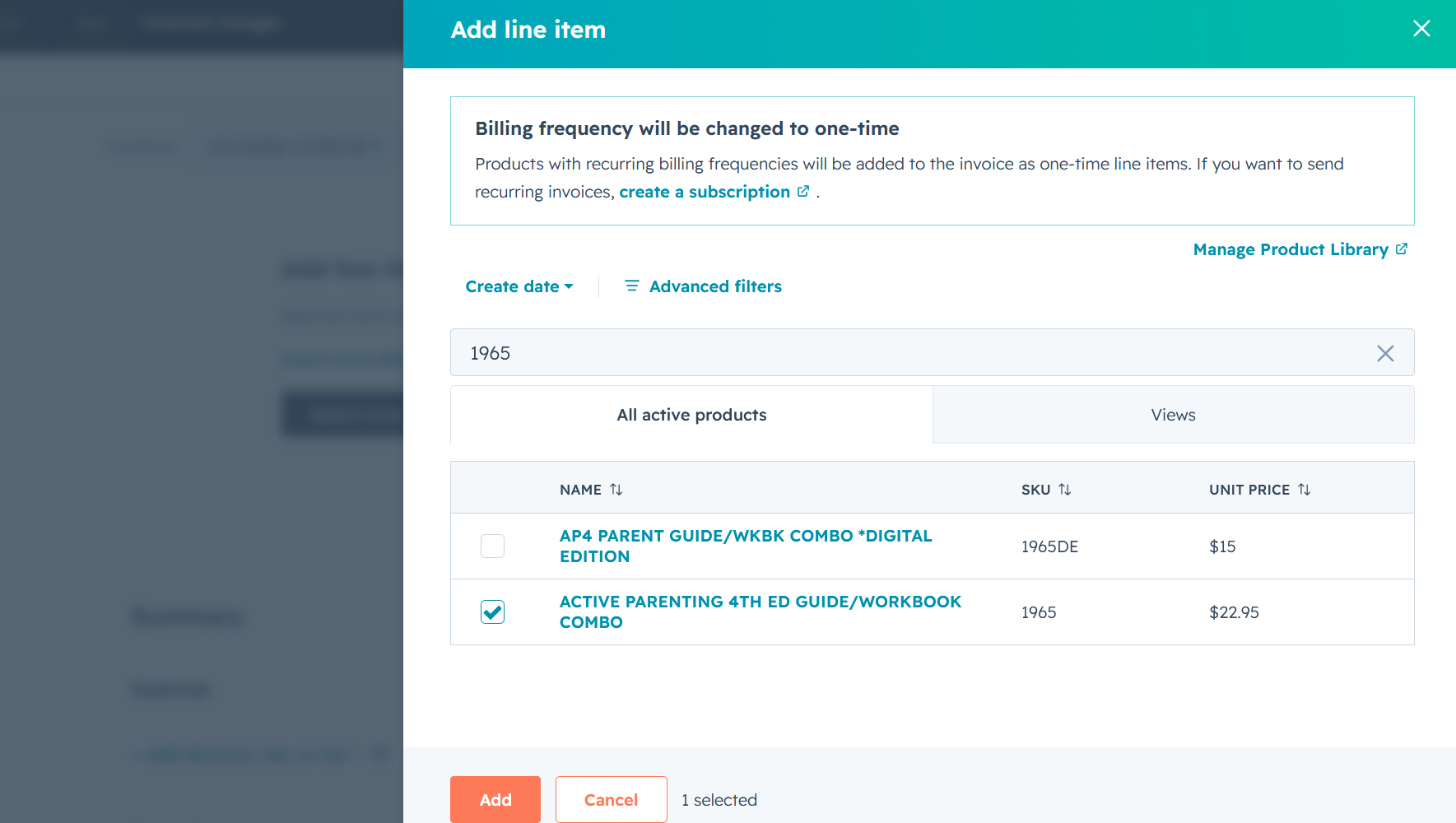 SKU 1965 checked in the product picker, with the Add button now active and "1 selected" shown