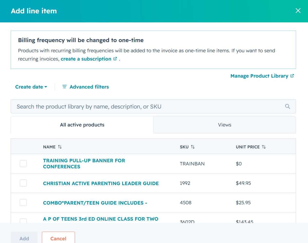 The product library picker, showing the search box and a list of all active products