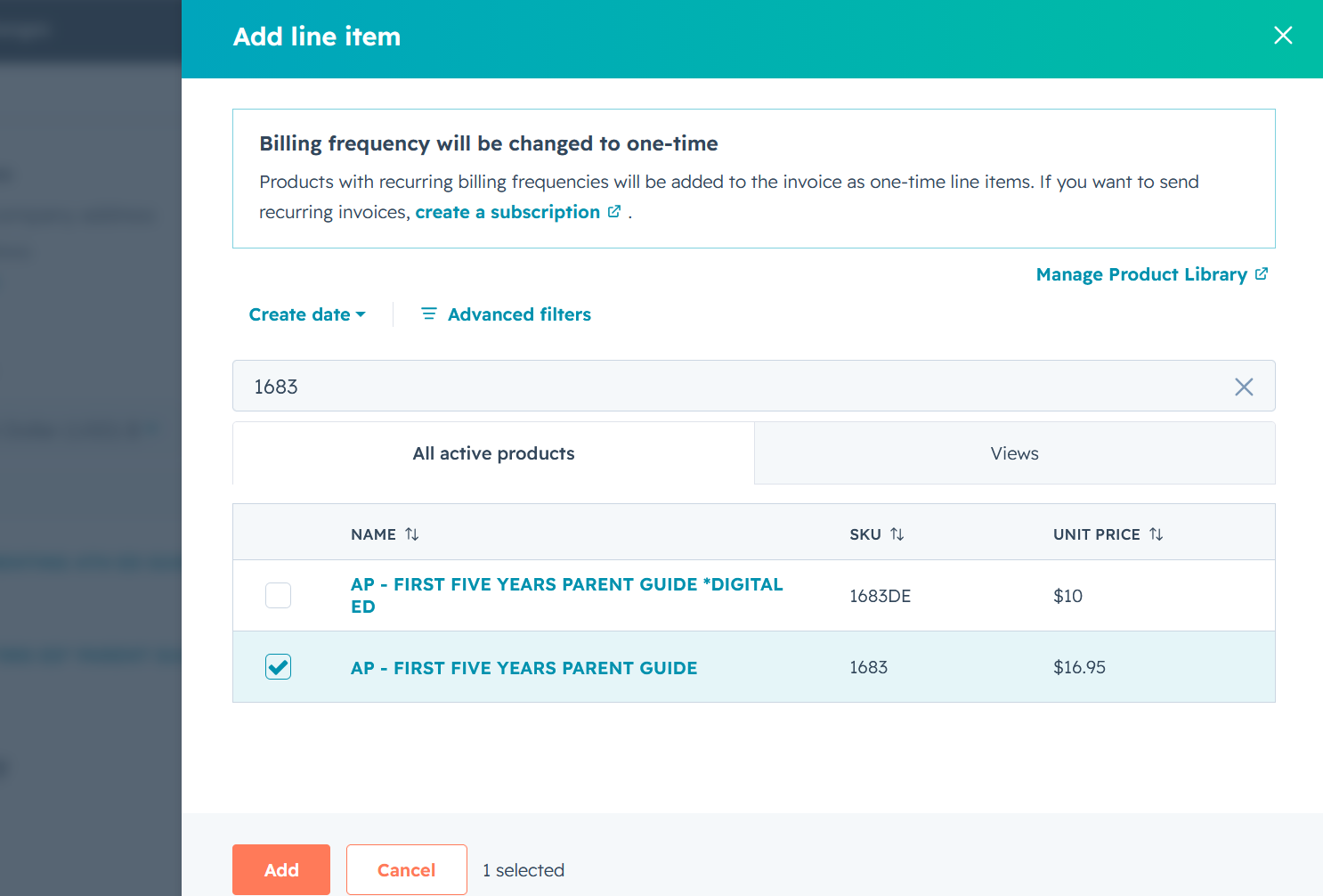 Searching the product picker for SKU 1683, showing both 1683 and the lookalike 1683DE, with 1683 checked