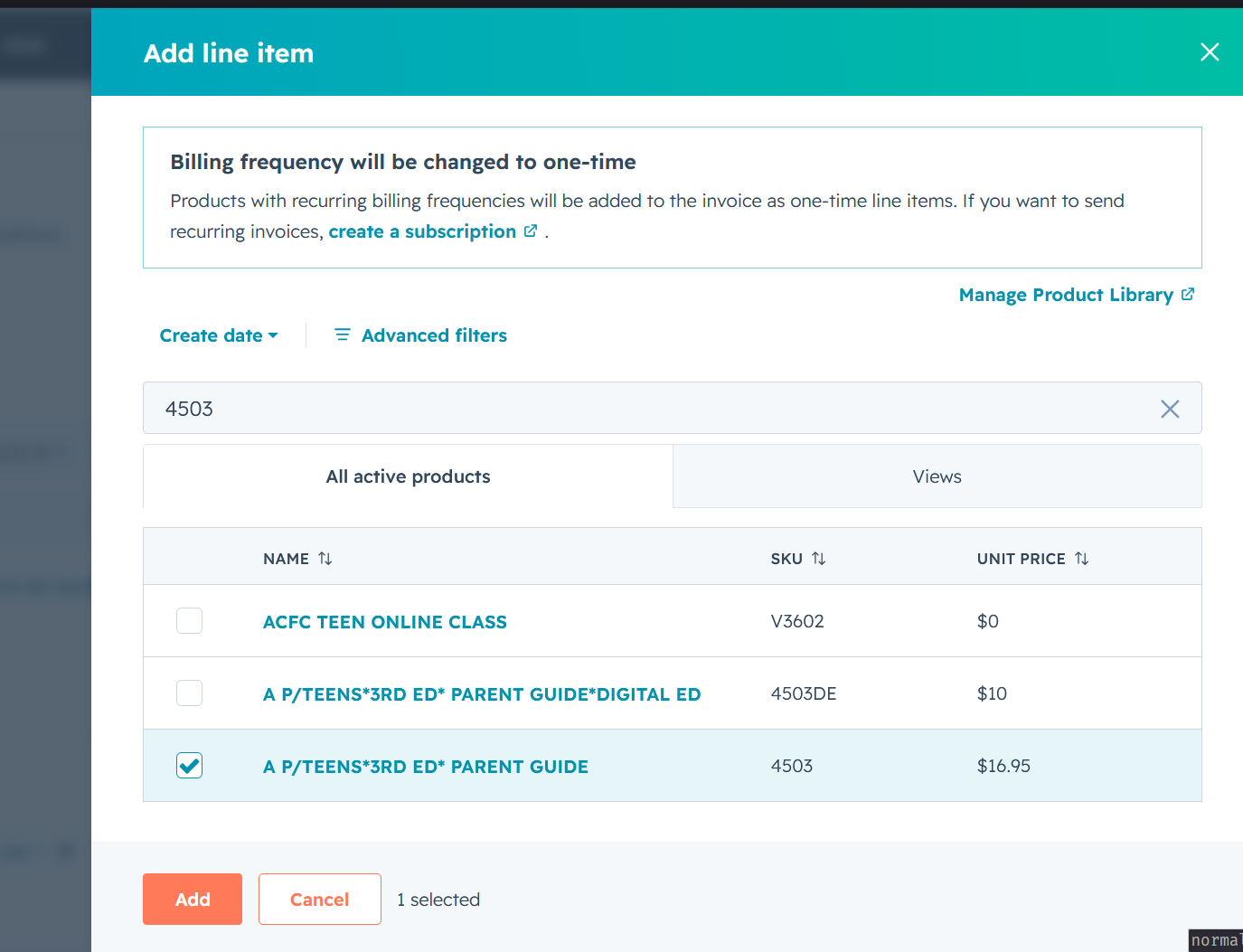 Searching the product picker for SKU 4503, showing both 4503 and the lookalike 4503DE, with 4503 checked