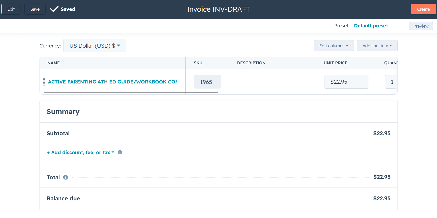 The invoice after saving, titled "Invoice INV-DRAFT" with a "Saved" confirmation in the top bar